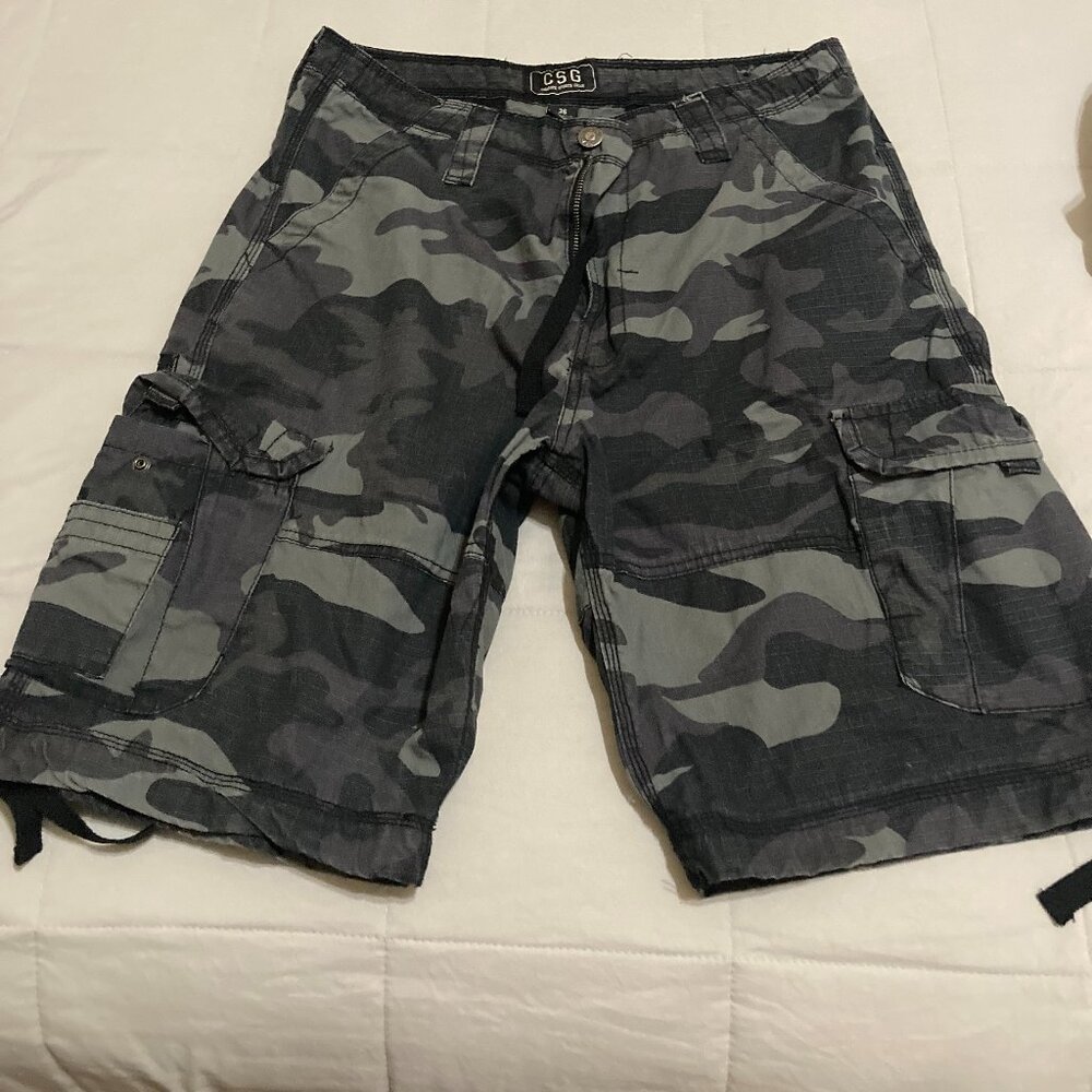 CSG Cargo Shorts Mens Size 36 Gray Ripstop Camouflage Drawstring Sports Camping